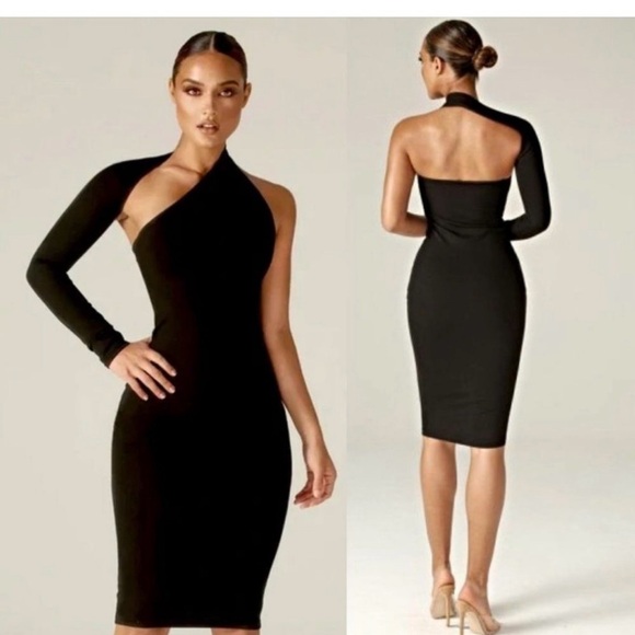 NEW Alieva Dasha Black Modern One Shoulder Mini Evening Dress Stretch Size L - Picture 1 of 15